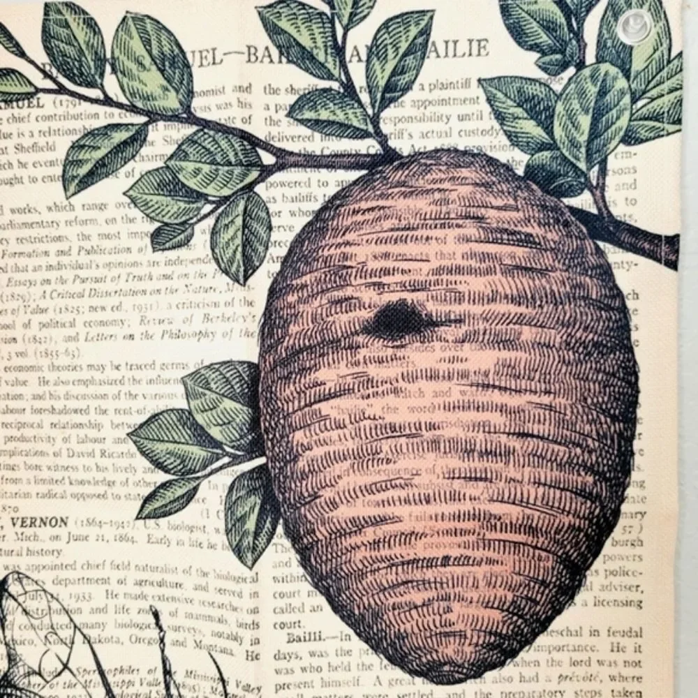 Bee Beehive Vintage Book page Wall Tapestry Tree Bohemian Rustic Drawing green